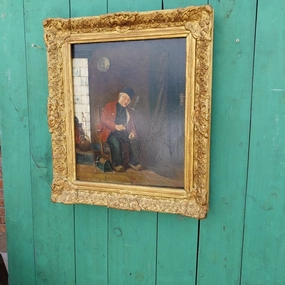 19TH CENTURY GILT FRAMED OIL PAINTING OF INTERIOR WITH DUTCHMAN classic mural painting