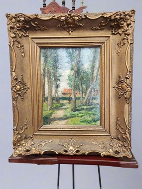 19TH CENTURY IMPASTO PAiNTING OF A RED ROOF HOUSE classic mural painting