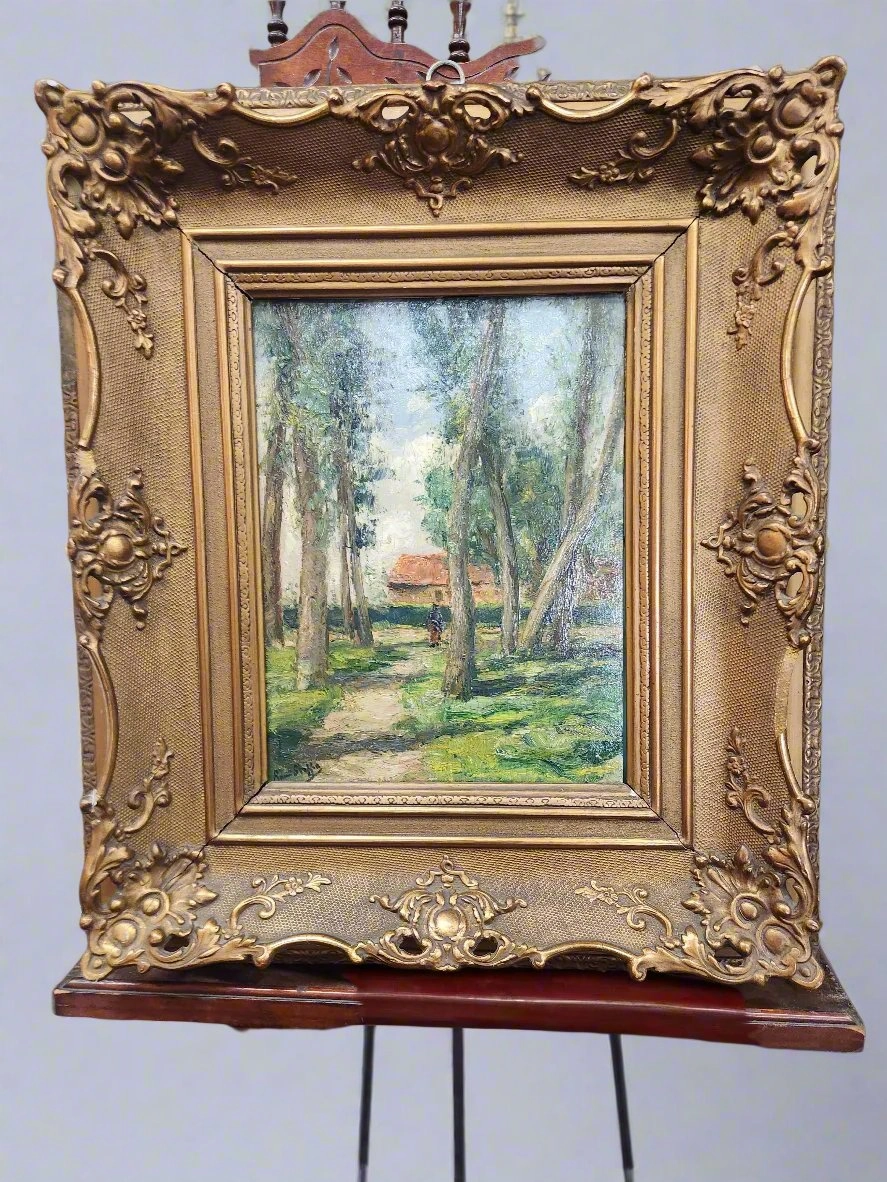 19TH CENTURY IMPASTO PAiNTING OF A RED ROOF HOUSE classic mural painting