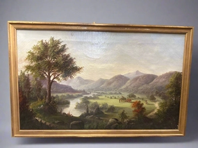 19TH  CENTURY LANDSCAPE OIL PAINTING WITH RIVER classic mural painting