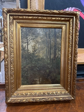 19TH CENTURY LOUIS DERICKX SMALL SYLVAN LANDSCAPE PAINTING WITH GOLD FRAME classic mural painting