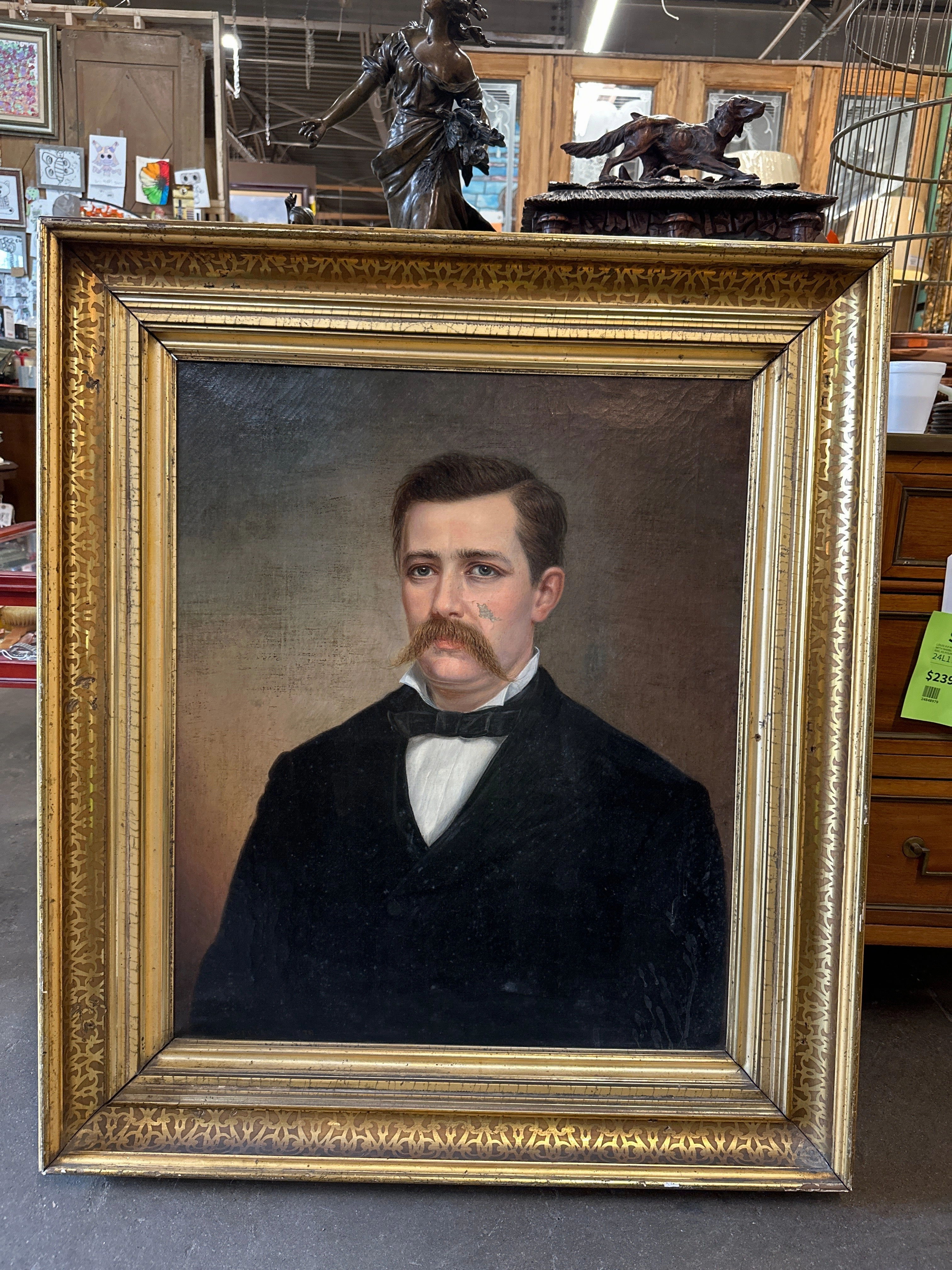 19TH CENTURY MUSTACHIO MAN OIL PAINTING AS FOUND classic mural painting