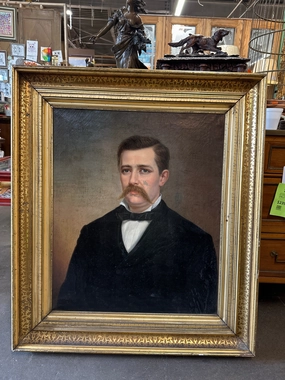19TH CENTURY MUSTACHIO MAN OIL PAINTING AS FOUND classic mural painting