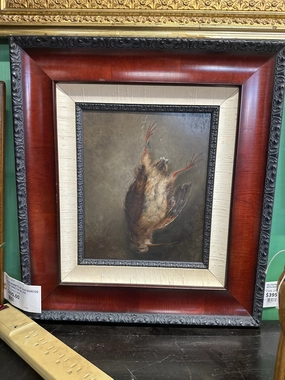 19TH CENTURY OIL PAINTING OF A MORTIF BIRD ON HAND CHAMFERED PANEL classic mural painting