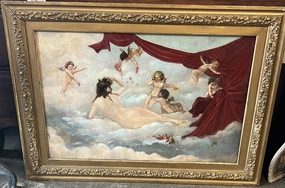 19TH CENTURY OIL PAINTING OF A NUDE WOMAN WITH ANGELS classic mural painting