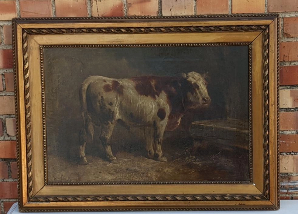 19TH CENTURY OIL PAINTING OF BULL SIGNED HENRY SHOUTEN classic mural painting