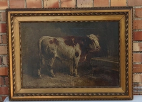 19TH CENTURY OIL PAINTING OF BULL SIGNED HENRY SHOUTEN classic mural painting