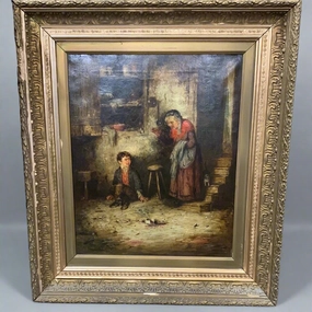 19TH CENTURY OIL PAINTING OF GRAND MOTHER AND CHILD IN THE KITCHEN BY WILLIAM LANGOIS classic mural painting