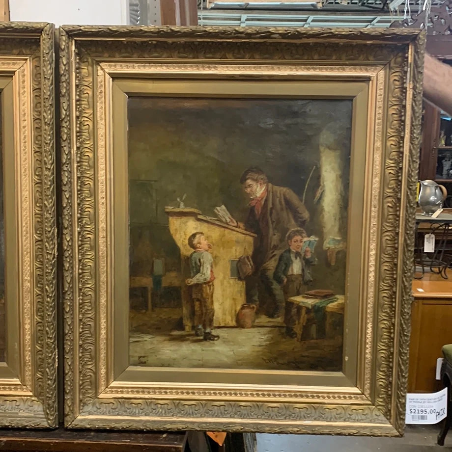 19TH CENTURY OIL PAINTING OF TEACHER WITH BAD CHILD BY WILLIAM LANGOIS classic mural painting
