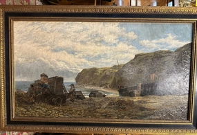 19TH CENTURY OIL PAINTING ON CANVAS OF A COASTAL SCENE WITH FISHERMEN BY JS RAWL classic mural painting