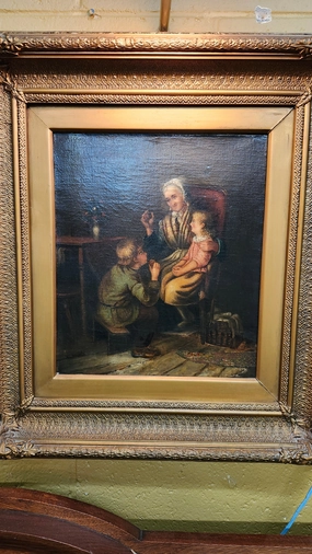 19TH CENTURY OIL PAINTING "GRANDMOTHERS VISIT" CIRCA 1845 classic mural painting