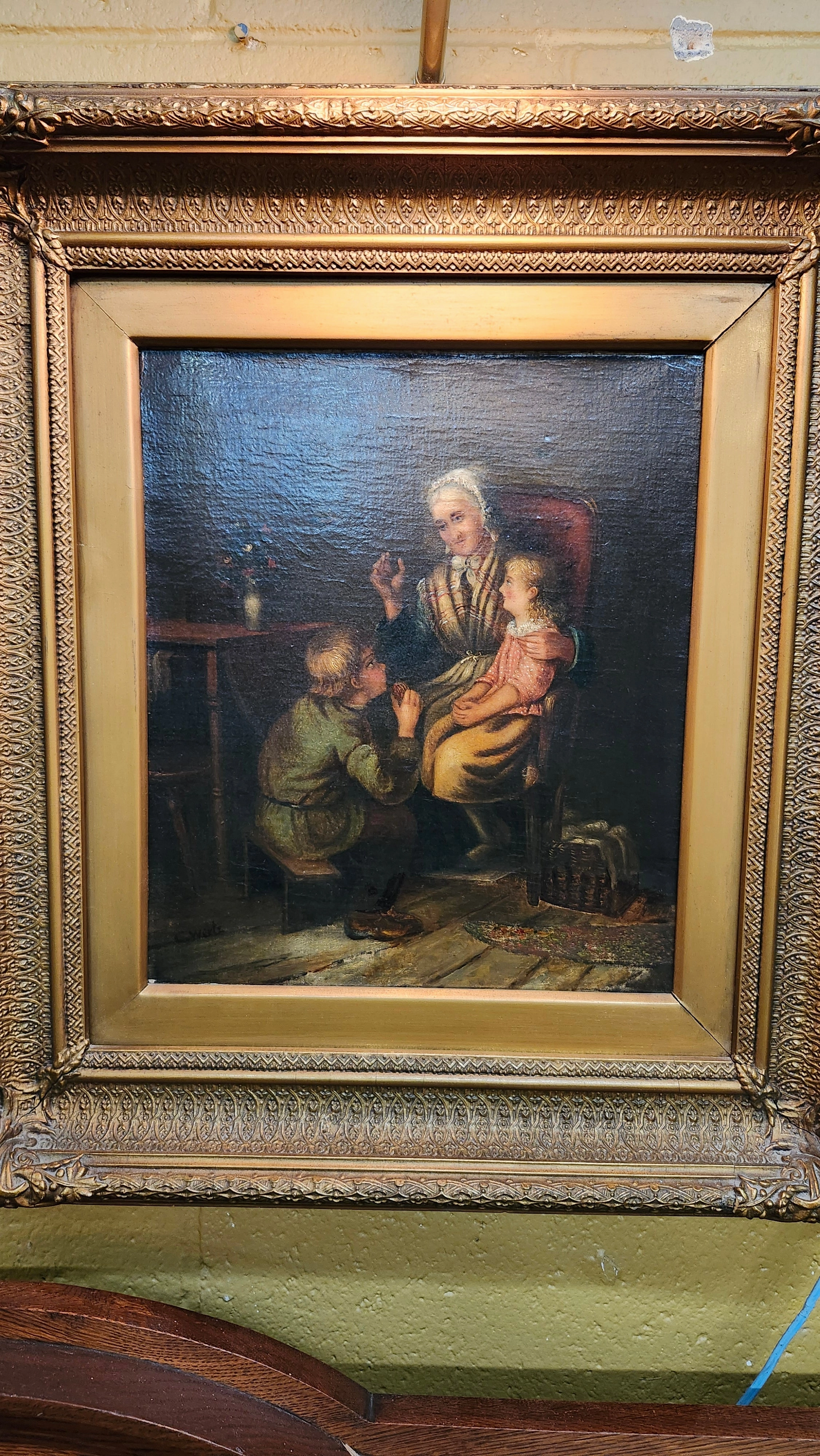 19TH CENTURY OIL PAINTING "GRANDMOTHERS VISIT" CIRCA 1845 classic mural painting