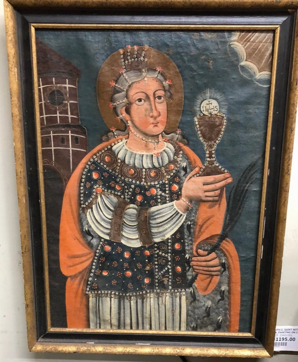 19TH CENTURY SAINT WITH CHALICE OIL PAINTING ON CANVAS classic mural painting