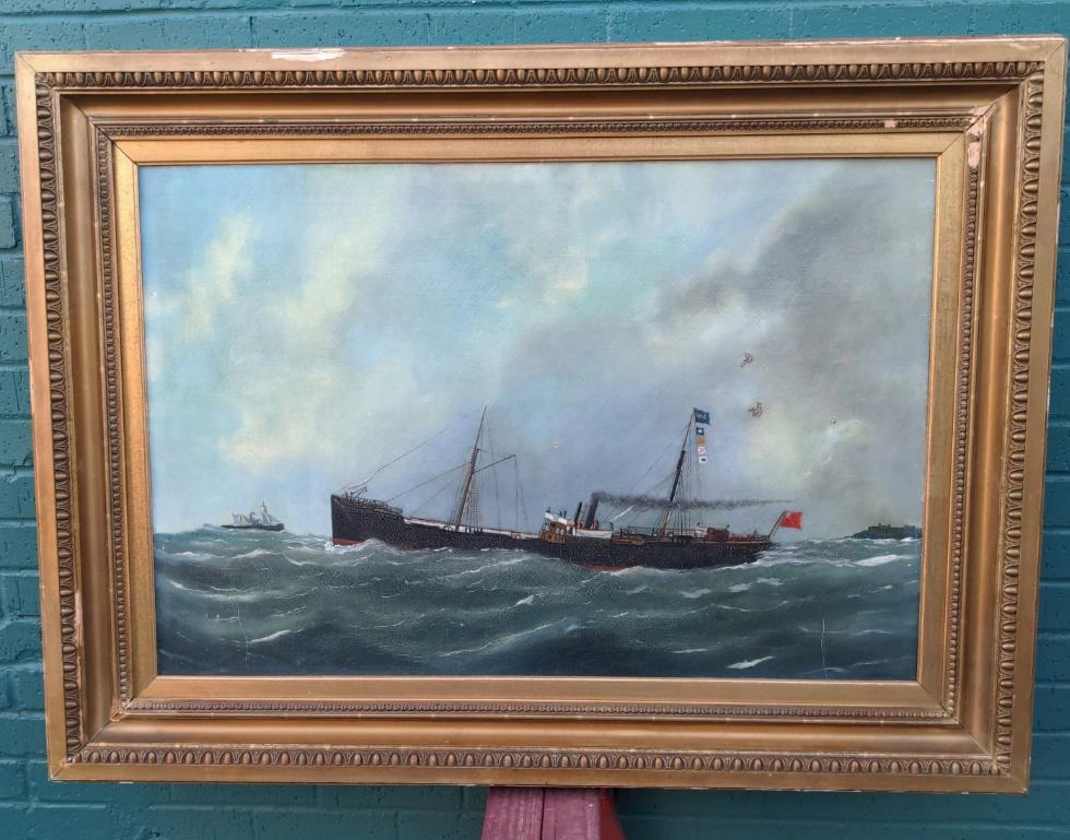 19TH CENTURY SHIP OIL PAINTING AS FOUND classic mural painting