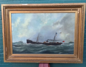 19TH CENTURY SHIP OIL PAINTING AS FOUND classic mural painting