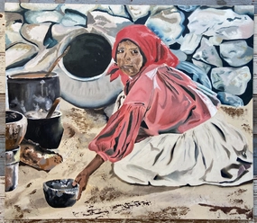 19TH CENTURY SOUTHWESTERN SCENE PAINTING OF LADY COOKING DINNER classic mural painting