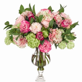32" Faux Pink Roses & Snowball Hydrangeas in a Glass Vase home display ornament
