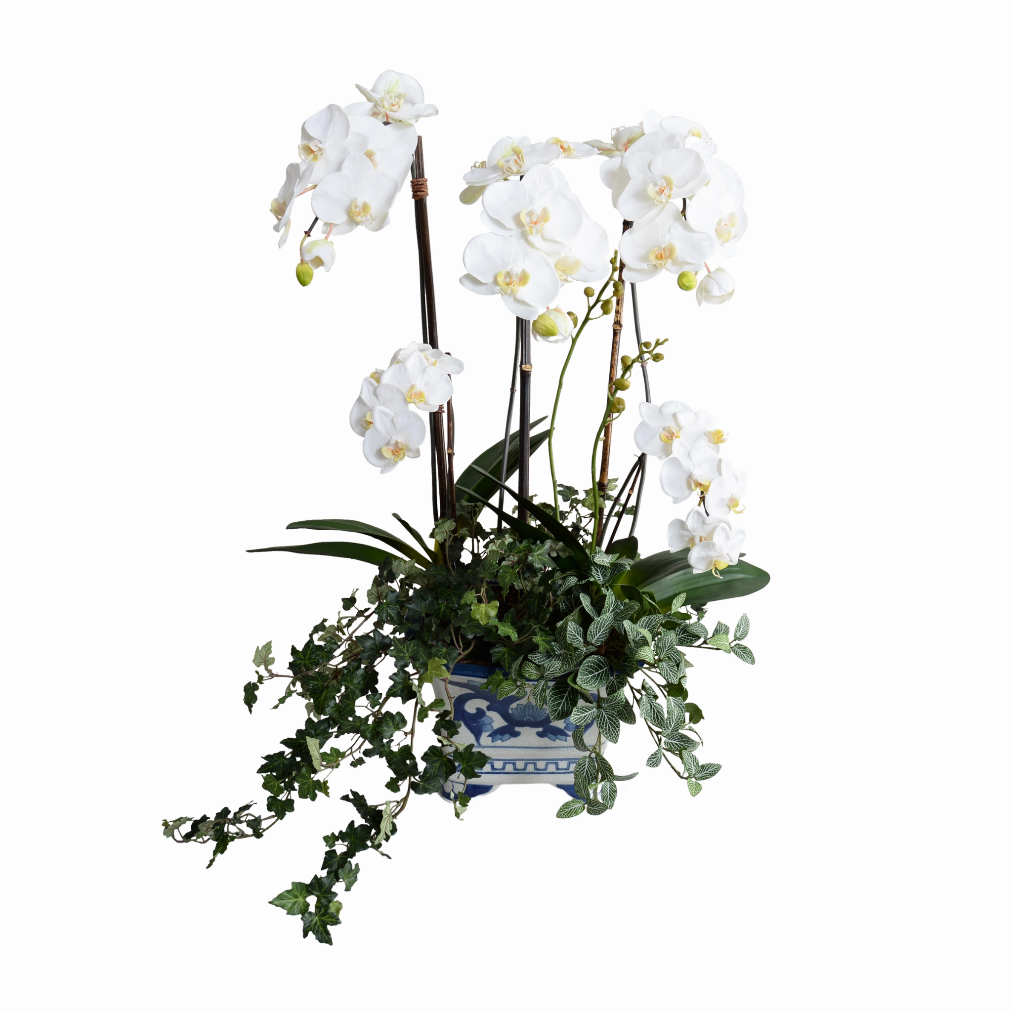 34" Faux Phalaenopsis Orchid w/Vines in Blue & White Vase home display ornament
