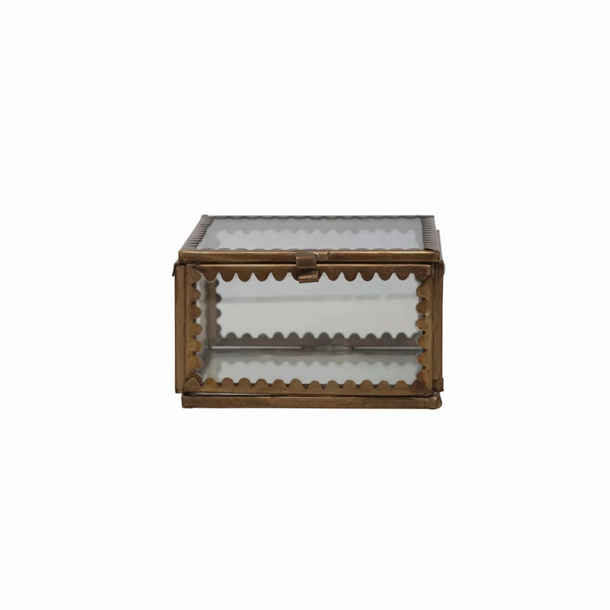 3" Sq x 1-3/4"H Brass & Glass  Display Box interior room decor
