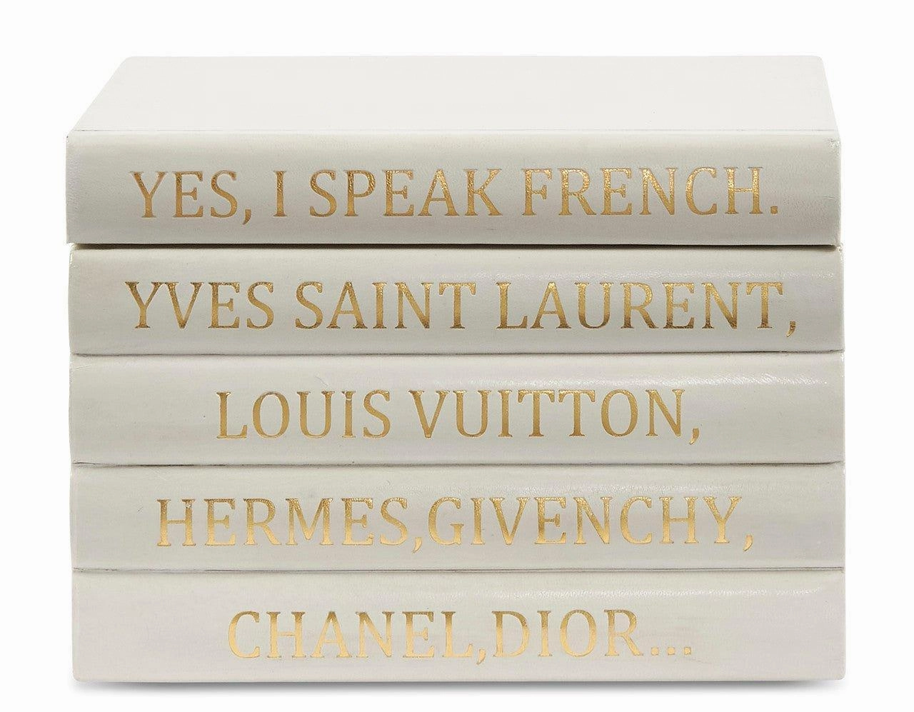 5 Volume Vellum White Leather Box with "I Speak French..." Quote Book Stack home display ornament