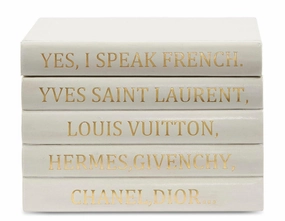 5 Volume Vellum White Leather Box with "I Speak French..." Quote Book Stack home display ornament
