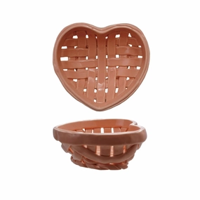 6"L x 6"W   Handmade Stoneware Woven Heart Shaped Basket, Pink interior room decor