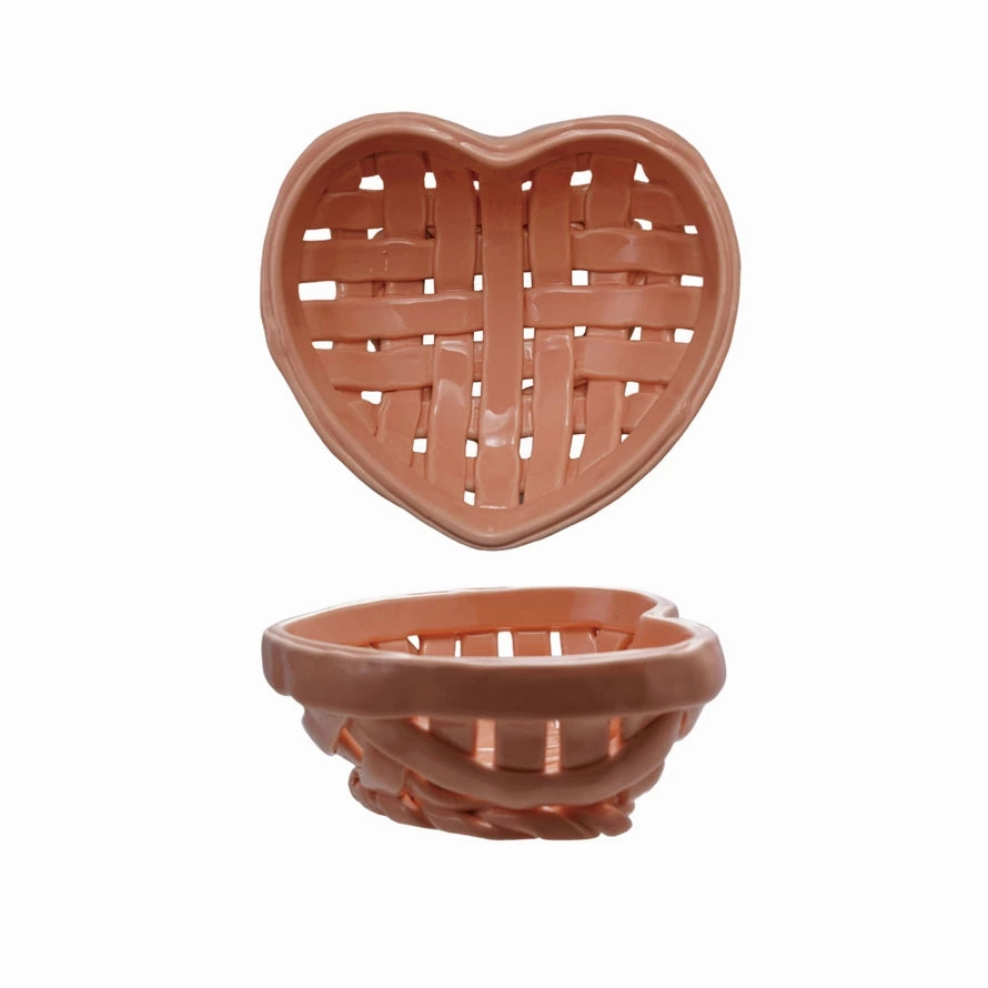 6"L x 6"W   Handmade Stoneware Woven Heart Shaped Basket, Pink interior room decor