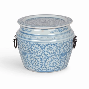 7" Porcelain Blue & White Floral Flat Lidded Jar home display ornament