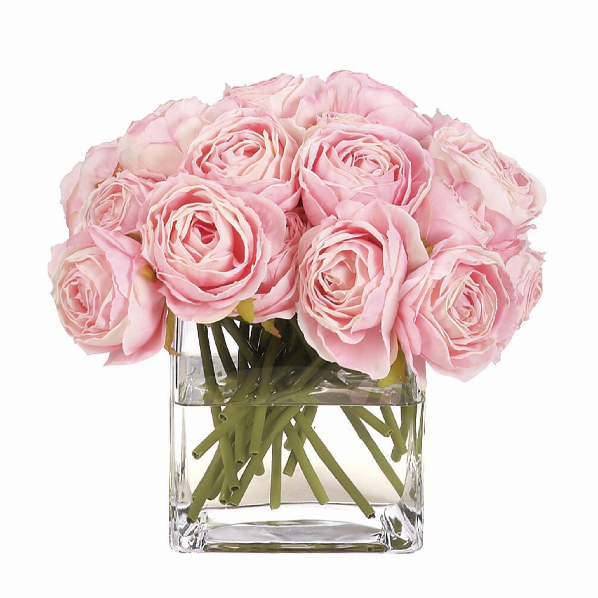 8" Faux Pink Rose Watergarden in Glass Cube home display ornament