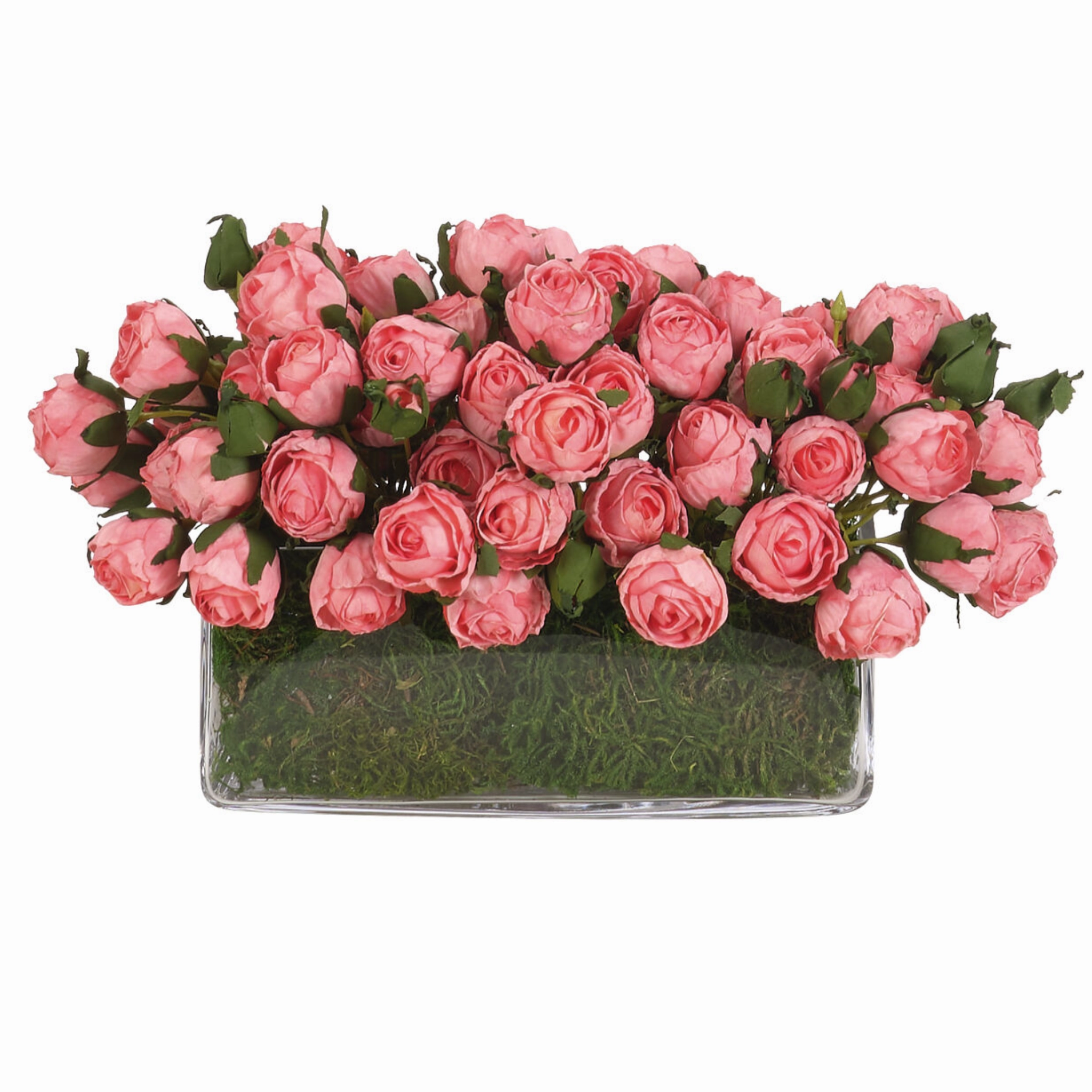 8" Faux Pink Roses With Moss in a Glass Rectangle Vase home display ornament
