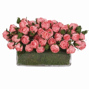8" Faux Pink Roses With Moss in a Glass Rectangle Vase home display ornament