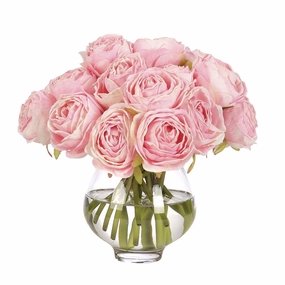 9" Faux Pink Rose Watergarden in Glass Vase home display ornament