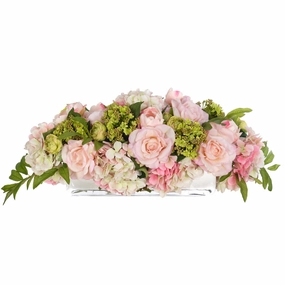 9" Faux Pink Roses & Green Ranunculus Watergarden in Glass Rectangle Vase home display ornament