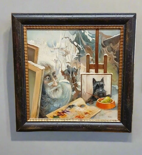 -FRAMED OIL PAINTING OF AN ARTIST LOOKING AT HIS SCOTTIE PAINTING classic mural painting