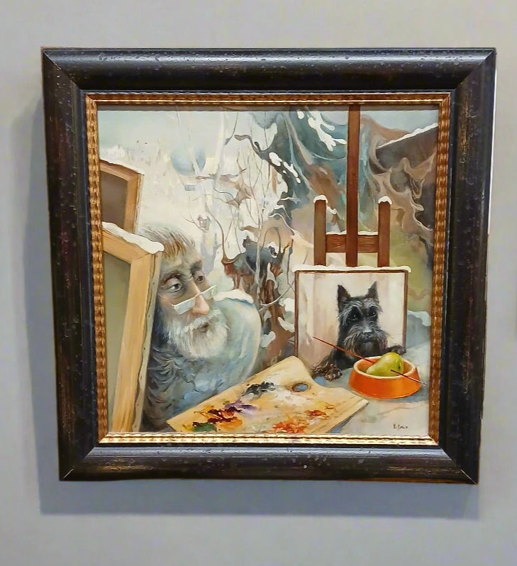 -FRAMED OIL PAINTING OF AN ARTIST LOOKING AT HIS SCOTTIE PAINTING classic mural painting