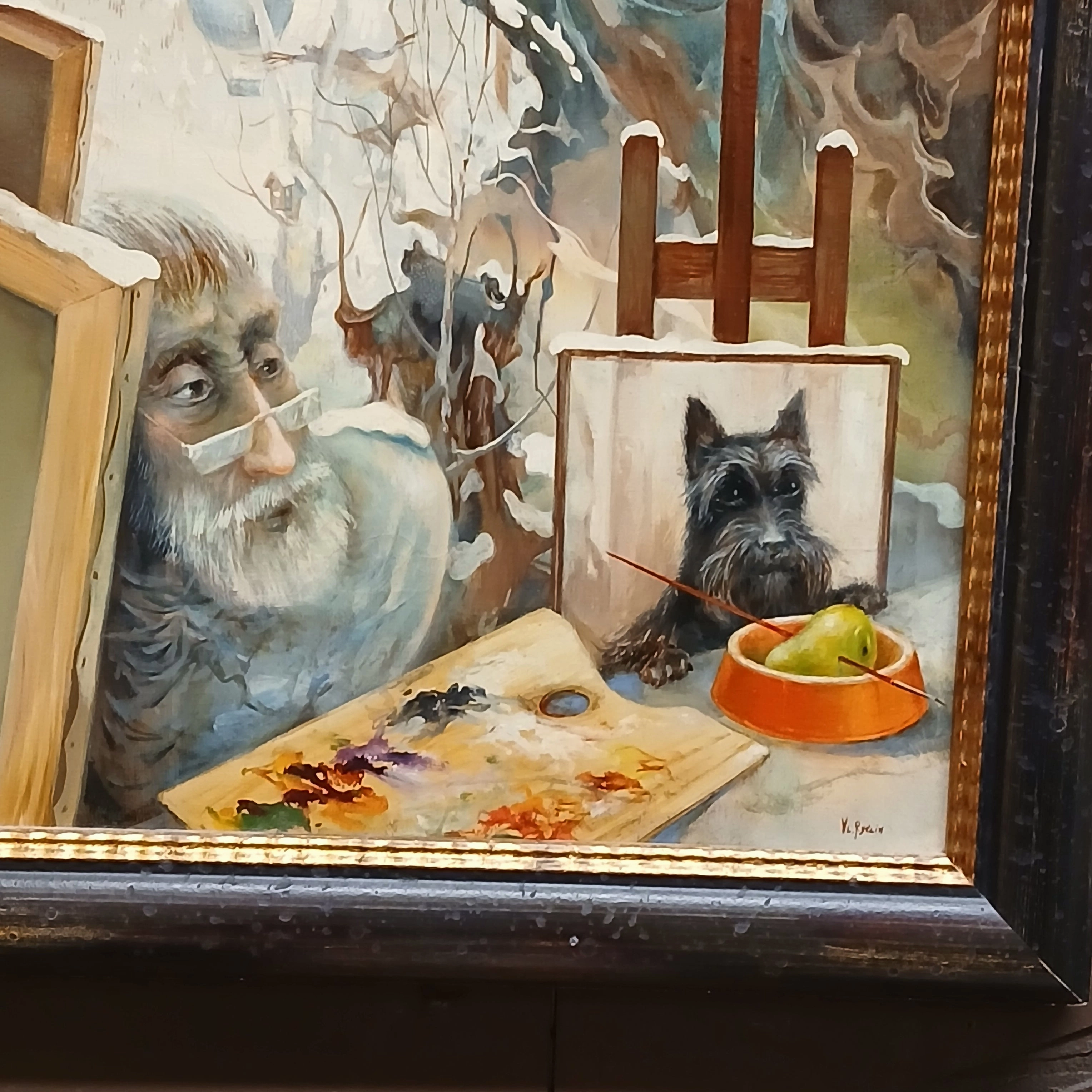 -FRAMED OIL PAINTING OF AN ARTIST LOOKING AT HIS SCOTTIE PAINTING