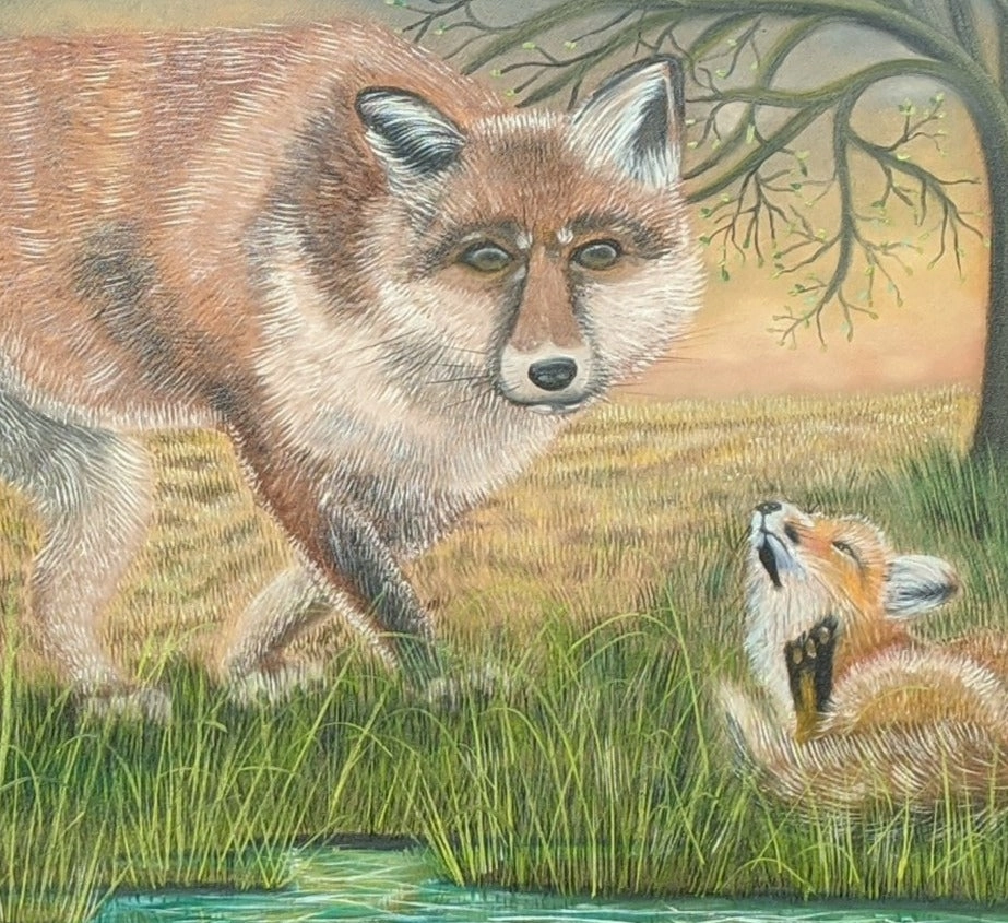 "NURTURE FOXES" OIL CANVAS PAINTING BY VICTOR FERRETIZ