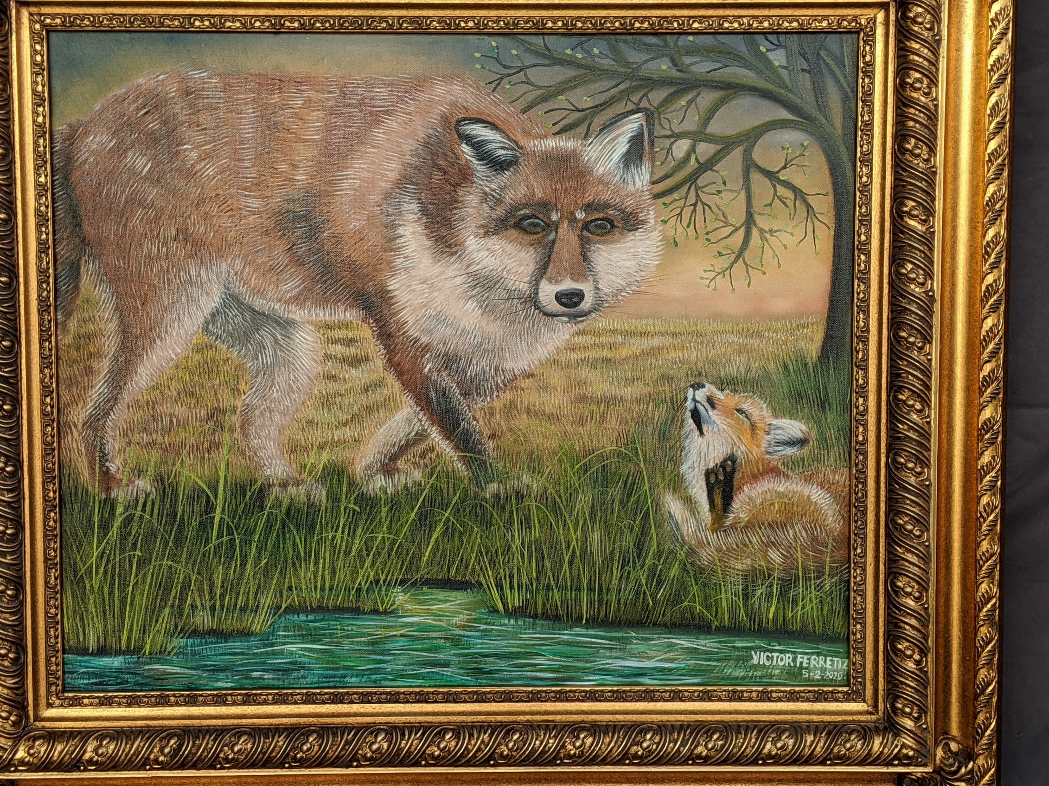 "NURTURE FOXES" OIL CANVAS PAINTING BY VICTOR FERRETIZ