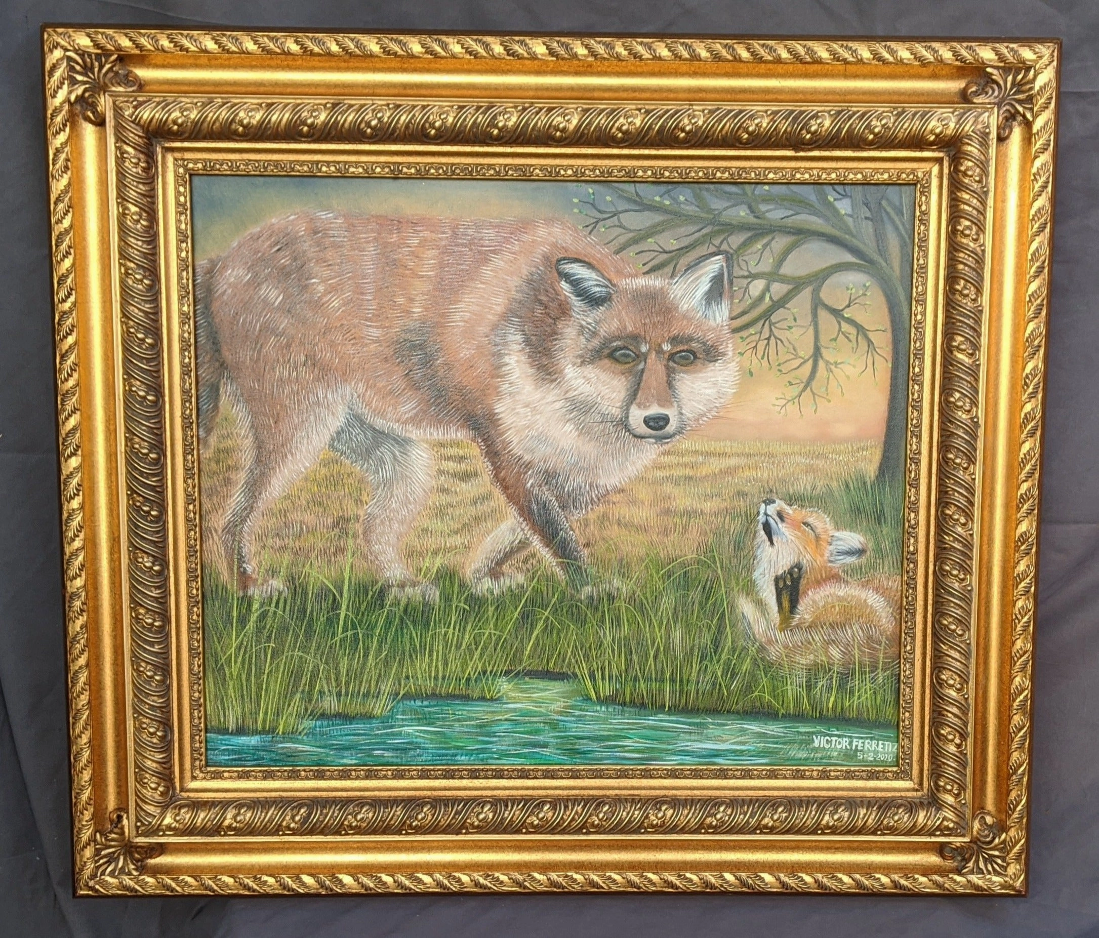 "NURTURE FOXES" OIL CANVAS PAINTING BY VICTOR FERRETIZ classic mural painting