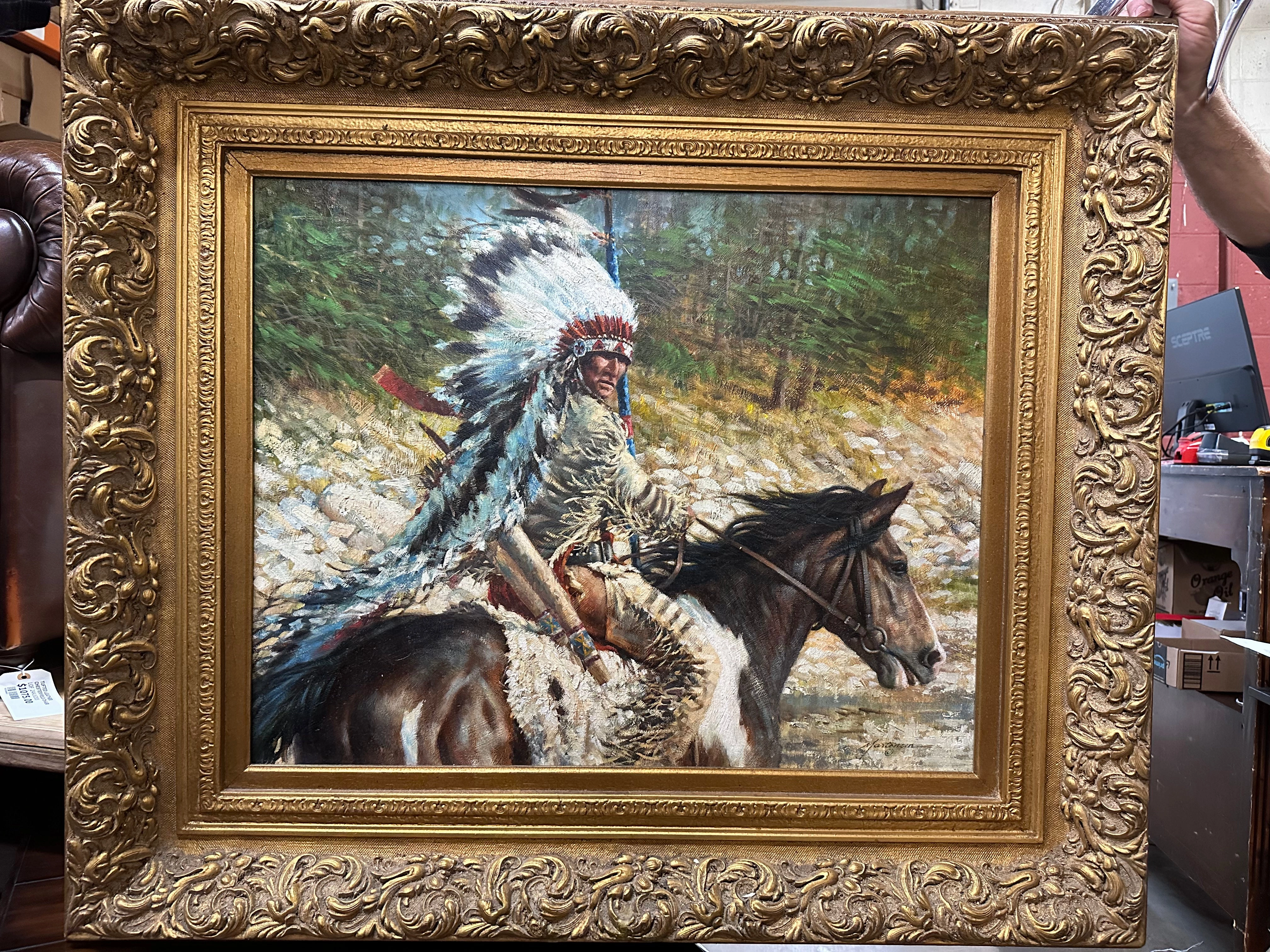 "ROLLIN THUNDER" FRAMED INDIAN ON A HORSE OIL PAINTING BY MARK MATENSEN classic mural painting