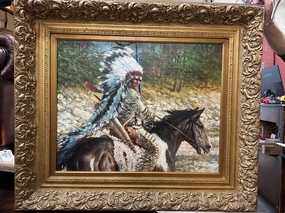 "ROLLIN THUNDER" FRAMED INDIAN ON A HORSE OIL PAINTING BY MARK MATENSEN classic mural painting