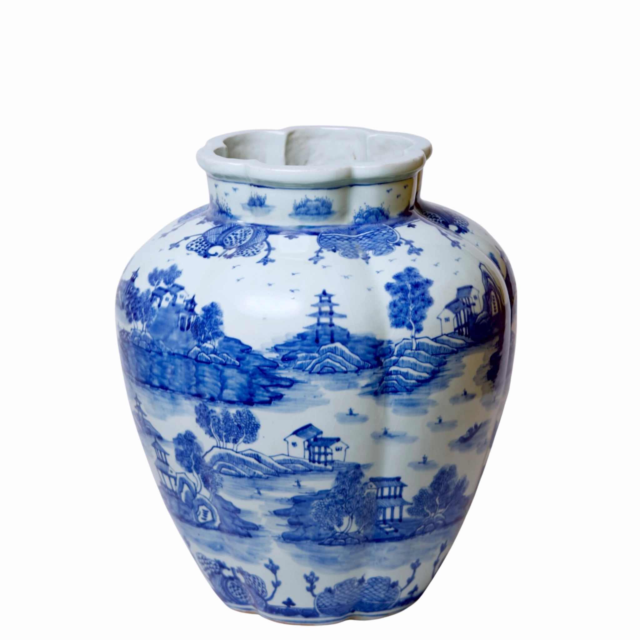 "Willow Ware" Blue and White Porcelain Gourd Vase