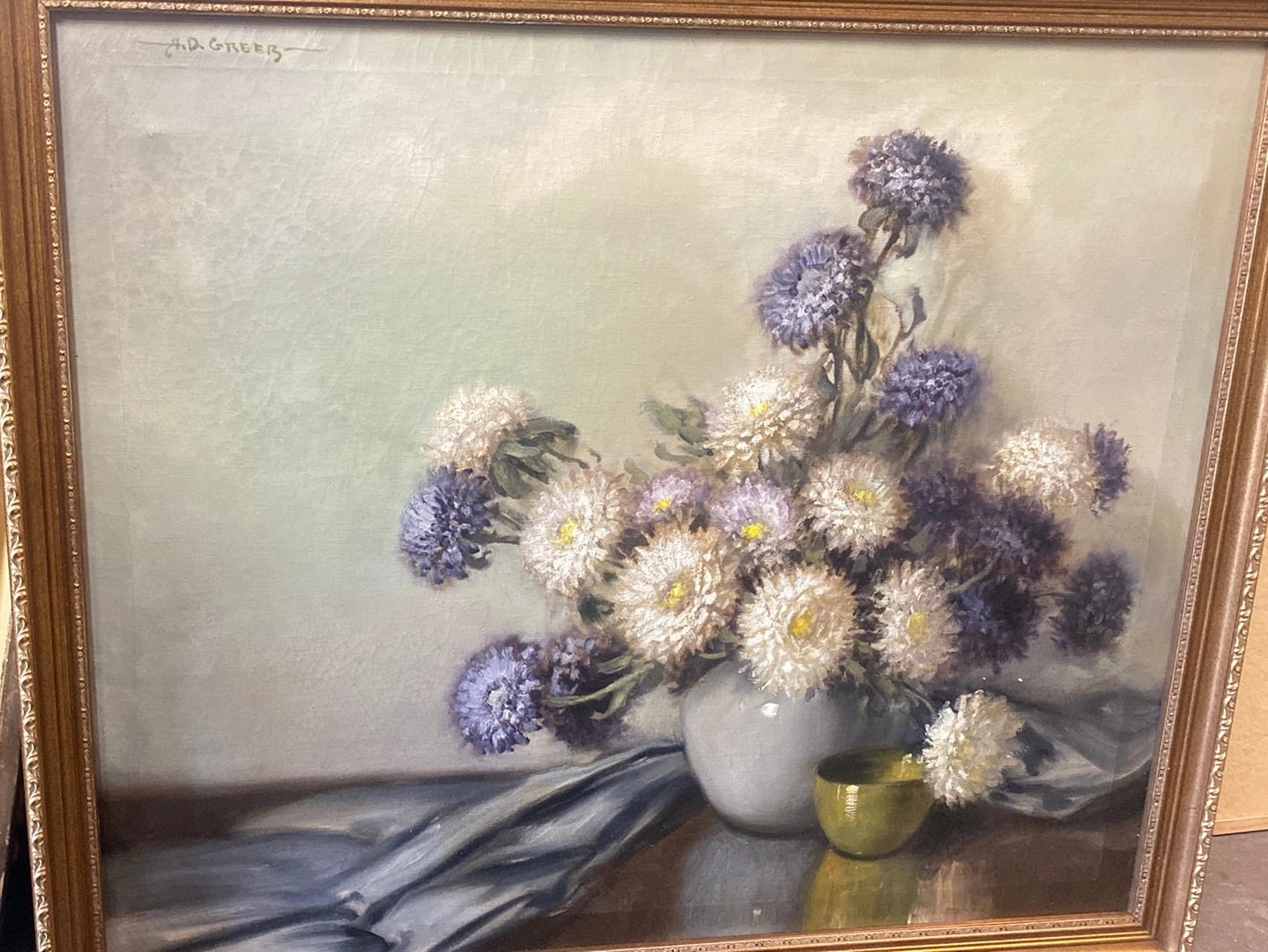 A.D. GREER "PURPLE MUM FLOWERS" PAINTING classic mural painting