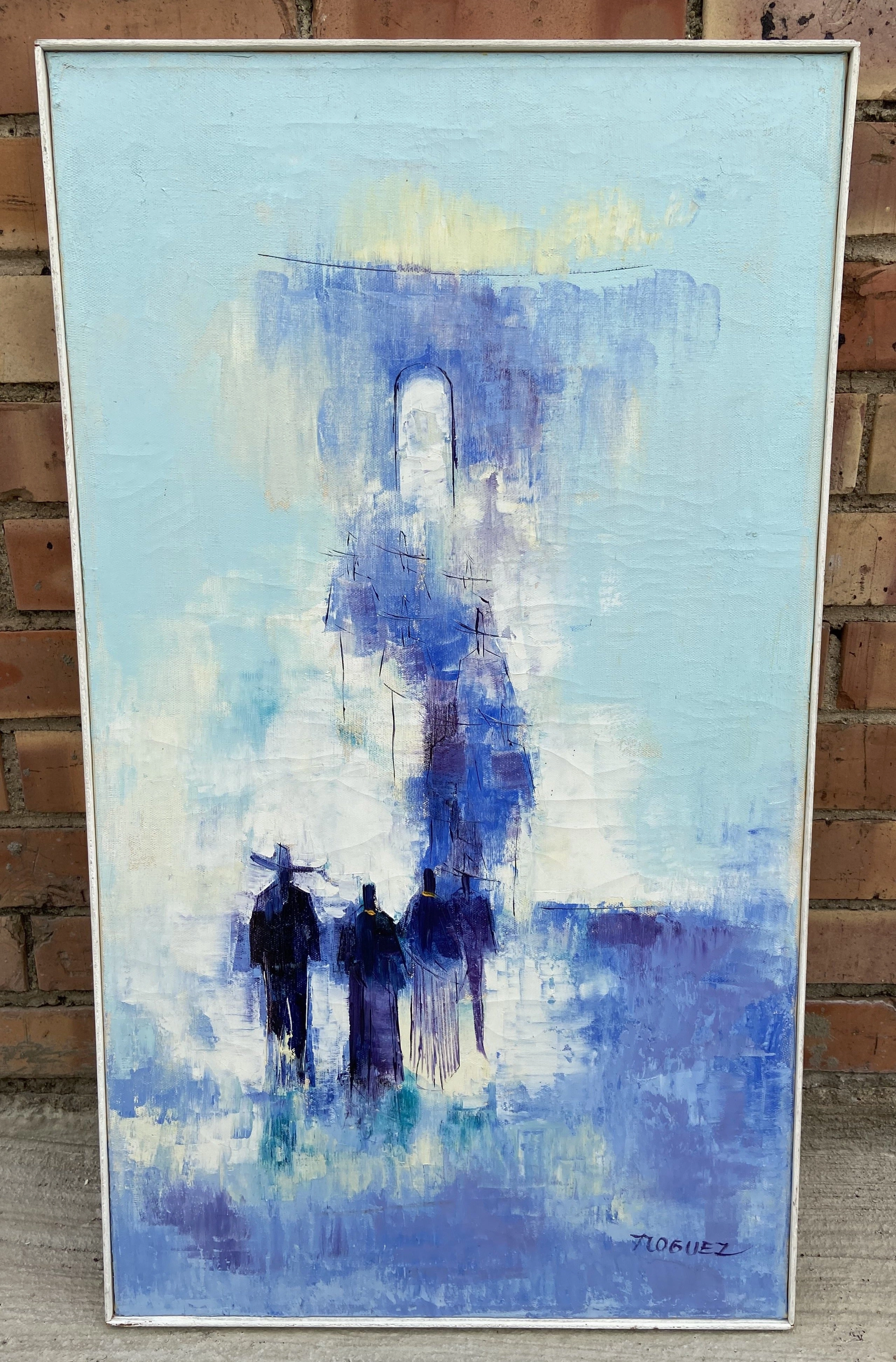 ABSTRACT OIL PAINTING OF DARK FIGURES WALKING SIGNED BY ROGUEZ classic mural painting
