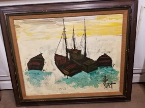 ABSTRACT SHIPS OIL PAINTING WITH GREEN AND YELLOW classic mural painting