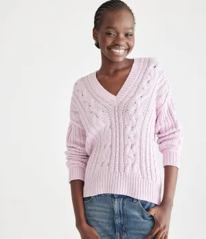 Aeropostale Damen V-Ausschnitt Strickpullover im Rippenmuster - Hellviolett - Größe XL - Baumwolle - Teen Mode & Bekleidung Winsome Orchid Aeropostale