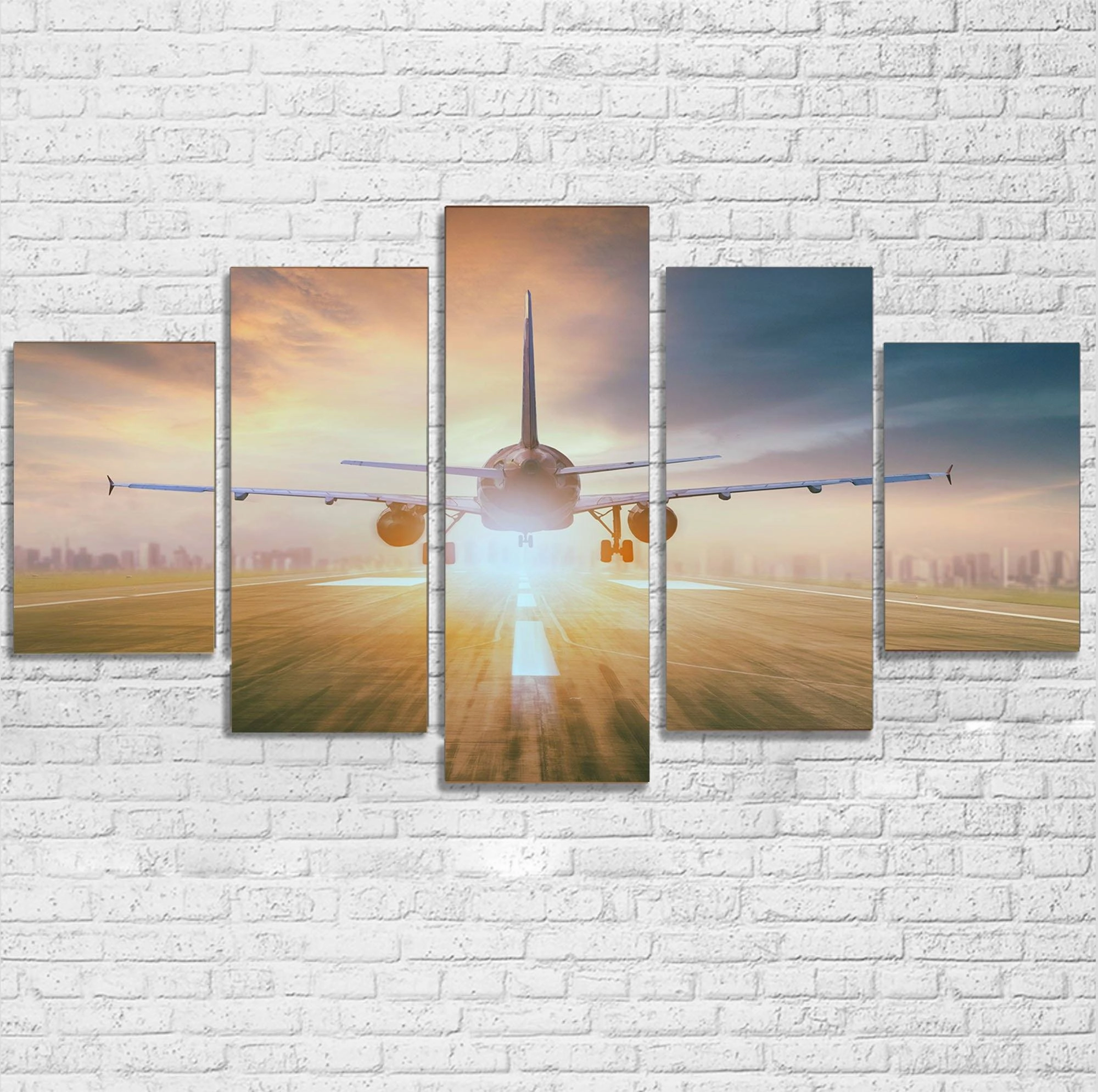 Airplane Flying Over Runway Printed Multiple Canvas Poster canvas mural art