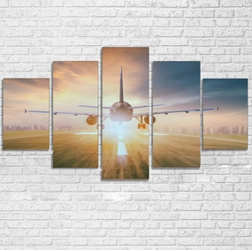 Airplane Flying Over Runway Printed Multiple Canvas Poster canvas mural art