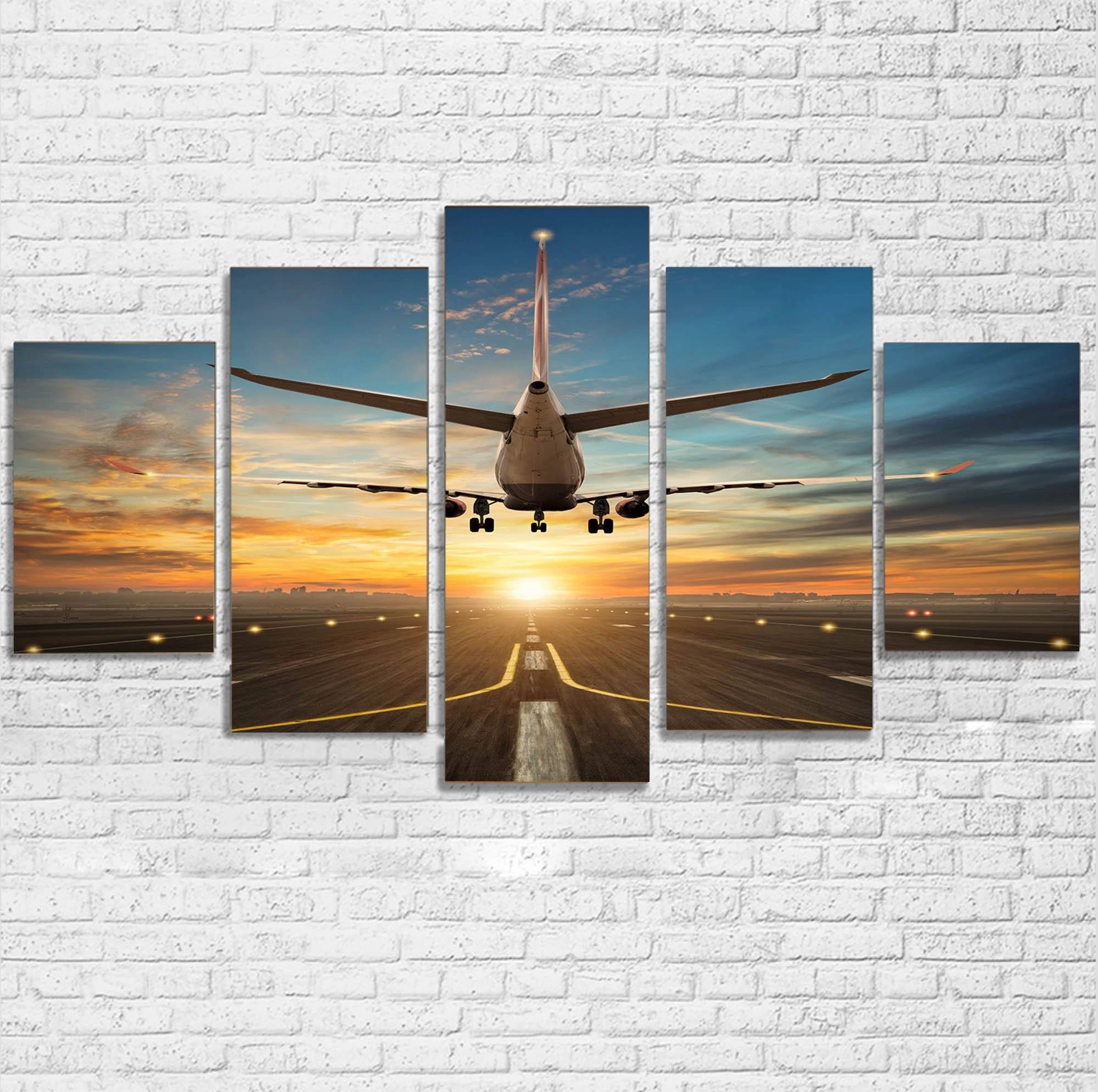Airplane over Runway Towards the Sunrise Printed Multiple Canvas Poster canvas mural art