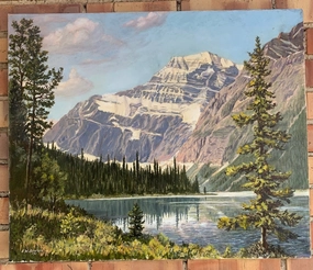 ALPINE LAKE OIL ON CANVAS PAINTING BY E.W. BOWDEN classic mural painting